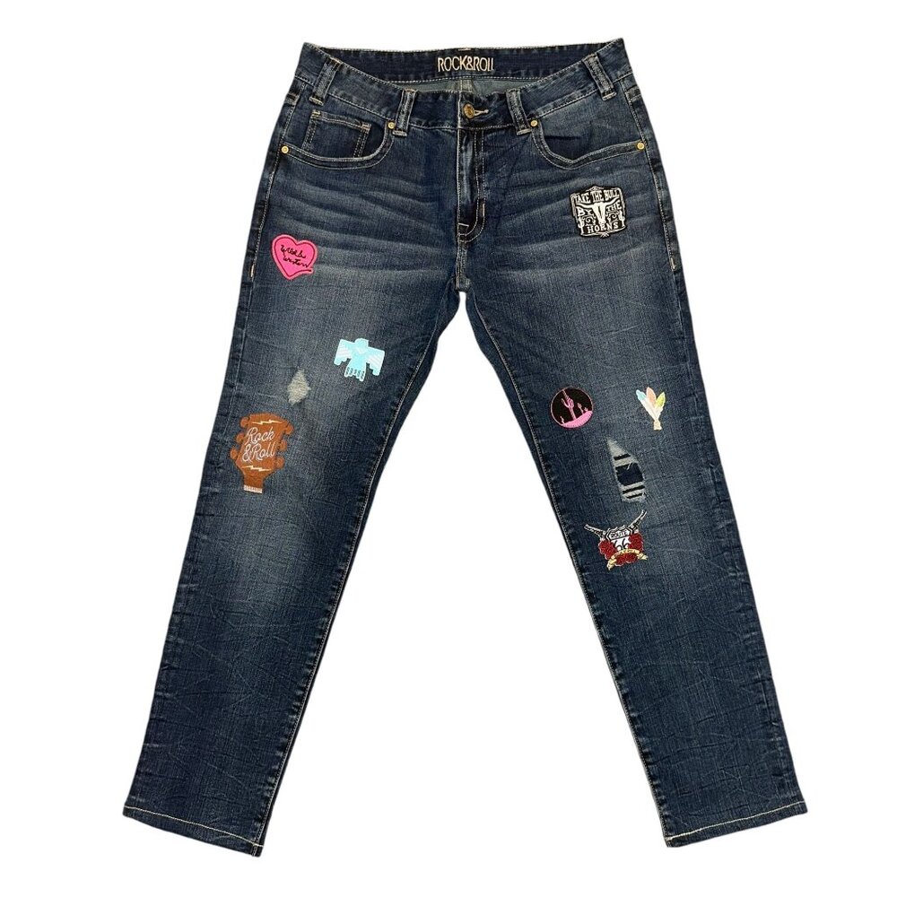Rock & Roll Cowgirl Boyfriend Skinny Jeans Womens 29 28 Arizona Patches Bull